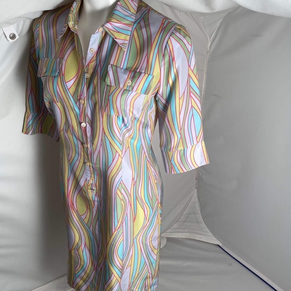 Anthropologie multicolor silk retro pastel patterned shirt dress M - Picture 2 of 11